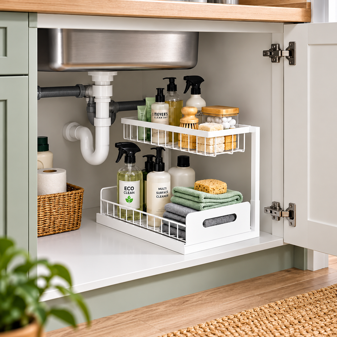 Organized Corner 2-Tier White Under Sink Storage Organizer with Pull-Out Basket Design