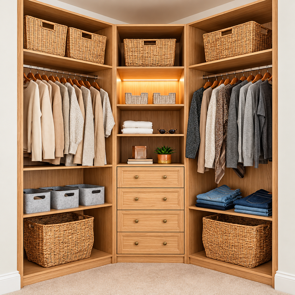 Organized Corner Scandinavian Corner Wardrobe with Storage Drawers, Open Shelves & Hanging Rails