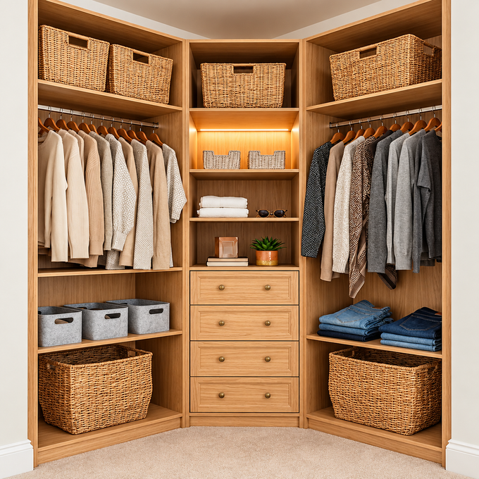 Organized Corner Scandinavian Corner Wardrobe with Storage Drawers, Open Shelves & Hanging Rails