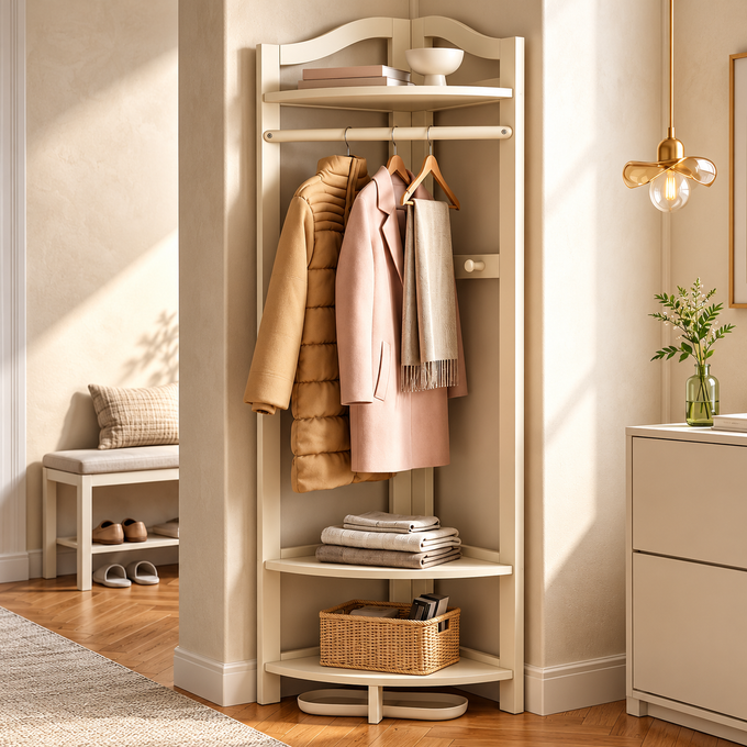 Organized Corner Cream Corner Coat Rack with Hanging Rail, 3 Storage Shelves & Entryway Organizer