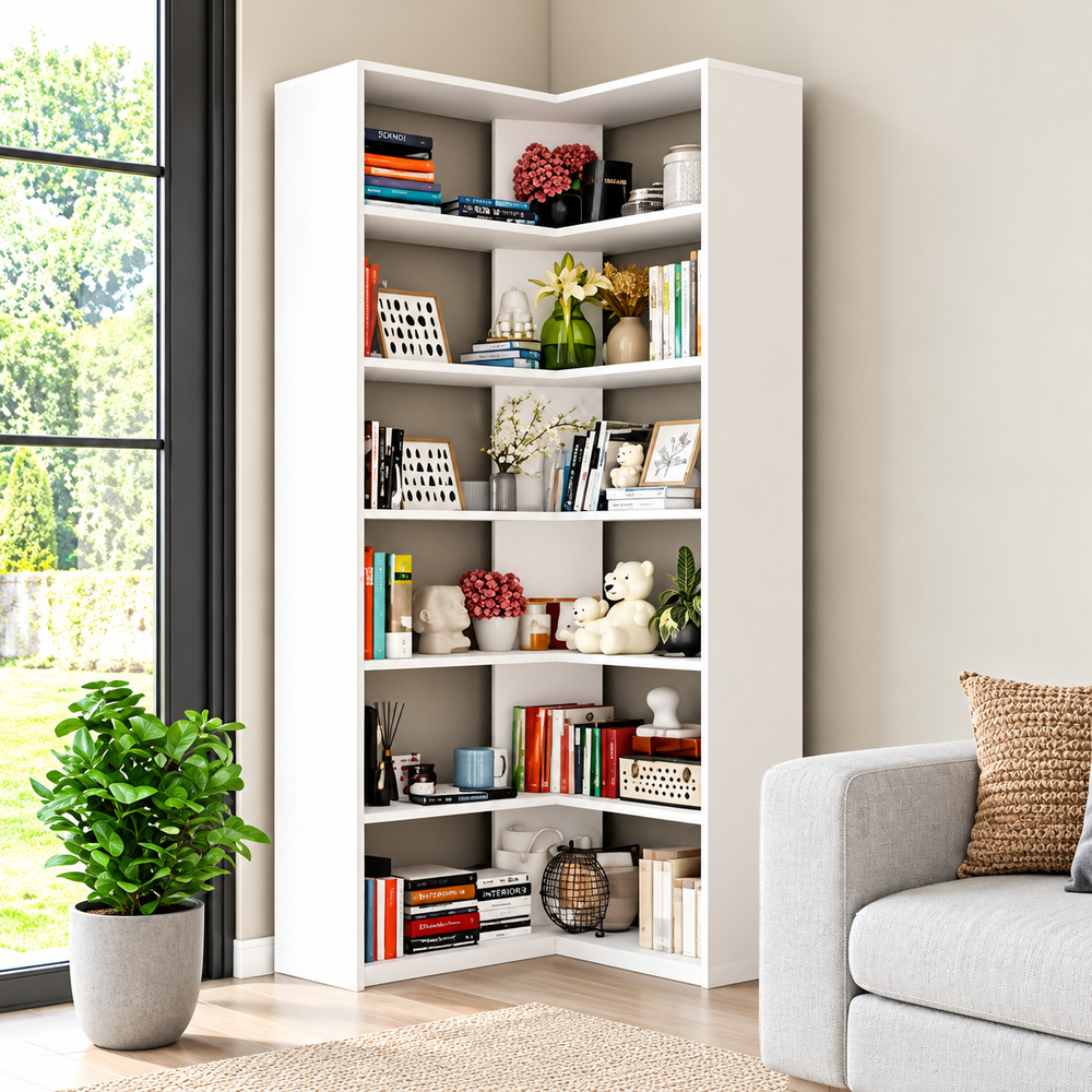 Organized Corner 6-Tier White Corner Bookshelf with Open Shelves – Modern Space-Saving Bookcase