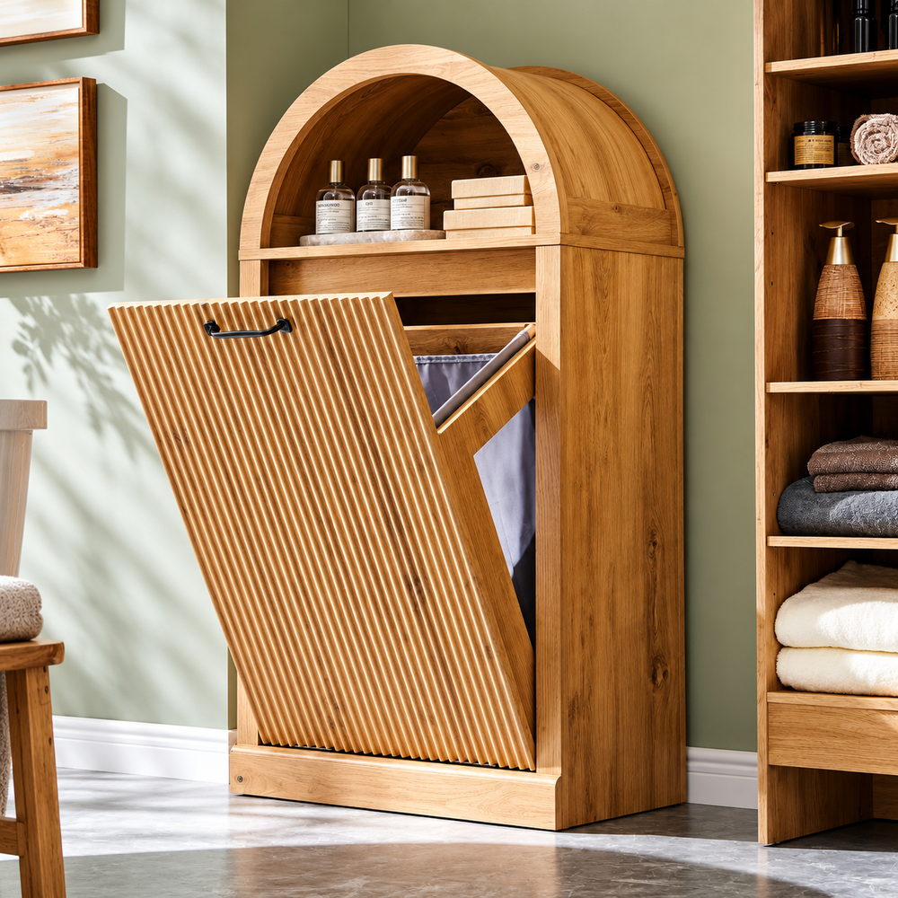 Organized Corner Wooden Laundry Hamper Cabinet with Tilt-Out Door, Arched Top & Storage Shelf