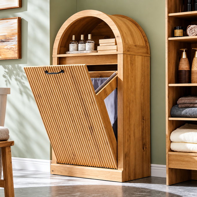 Organized Corner Wooden Laundry Hamper Cabinet with Tilt-Out Door, Arched Top & Storage Shelf