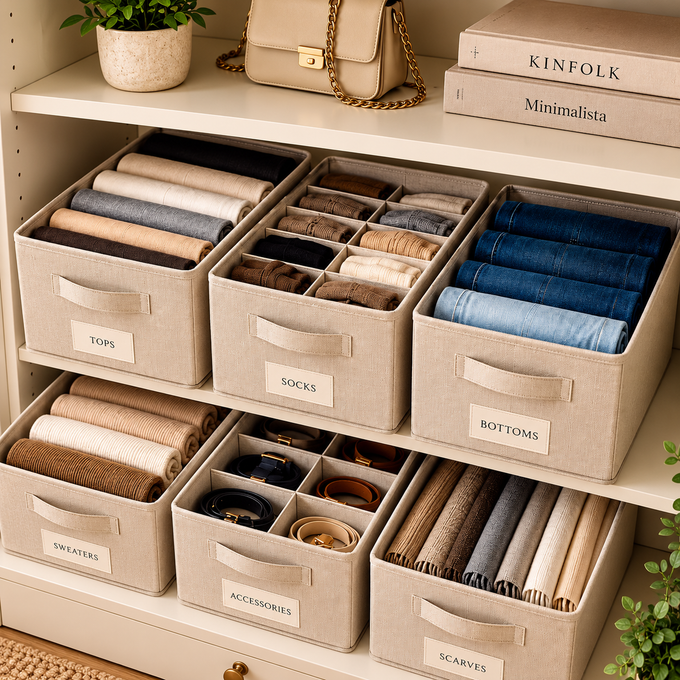 Organized Corner 6-Piece Beige Fabric Closet Storage Organizer Set with Dividers, Handles & Label Holders