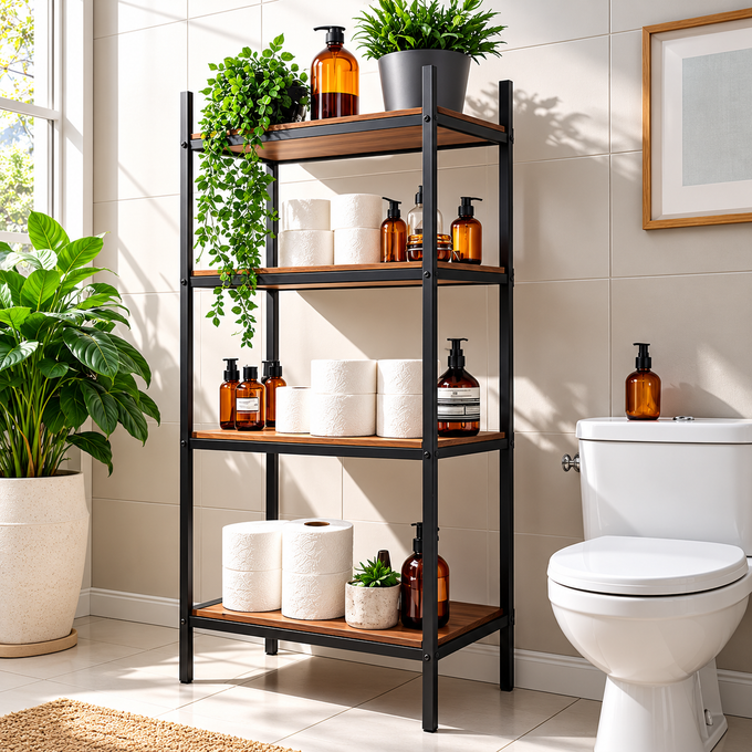 Organized Corner 4-Tier Bathroom Storage Shelf with Black Metal Frame & Wood-Look Shelves