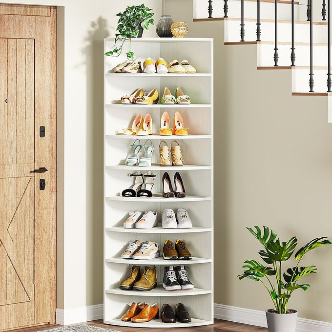Organized Corner 9-Tier White Corner Shoe Rack with Open Shelves – Space-Saving Shoe Storage Organizer